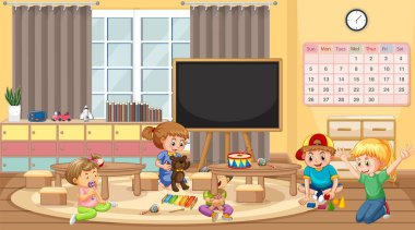 Scene with children playing in class illustration clipart
