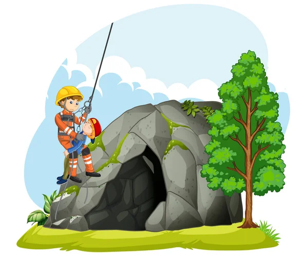 Emergency Rescue Team Help Boy Cartoon Style Illustration — Stockvector