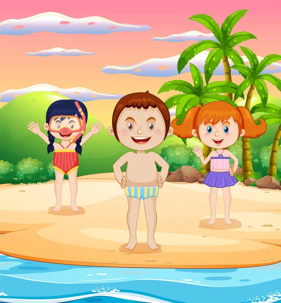 Gruppo Bambini Spiaggia Illustrazione — Vettoriale Stock