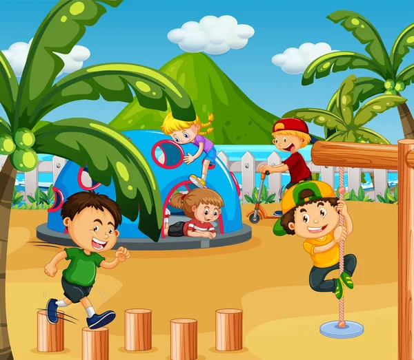 Spiaggia Parco Giochi Con Bambini Felici Illustrazione — Vettoriale Stock