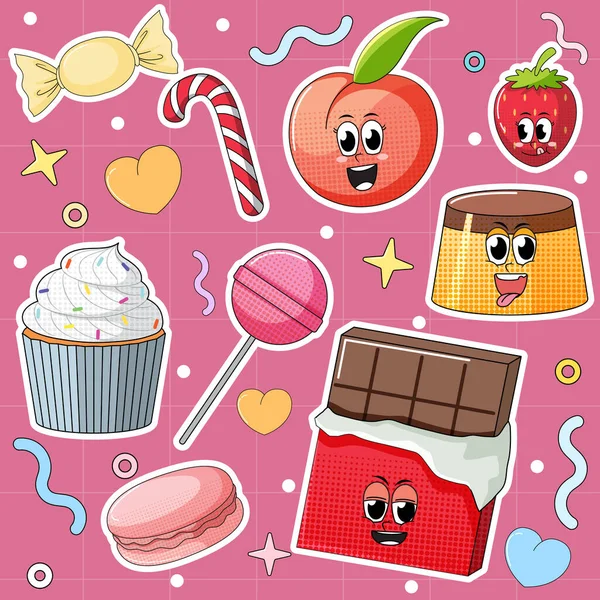 Set Funny Food Dessert Characters Illustration — Stock Vector