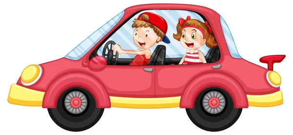 Παιδιά Ένα Κόκκινο Αυτοκίνητο Εικονογράφηση Στυλ Κινουμένων Σχεδίων — Διανυσματικό Αρχείο