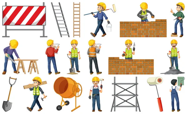 Conjunto Trabajadores Construcción Con Ilustración Hombre Herramientas — Vector de stock