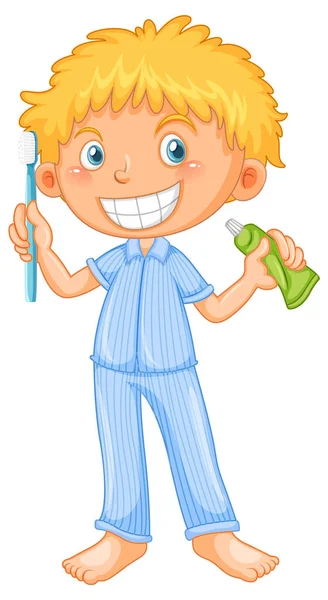 Αγόρι Πιτζάμες Που Κρατάει Οδοντόβουρτσα Και Οδοντόπαστα — Διανυσματικό Αρχείο