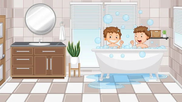 Happy Kids Playing Bubbles Bathtub Illustration — Stock Vector