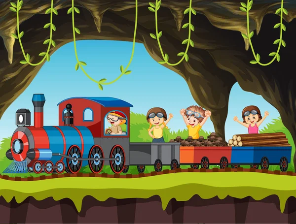 Kinder Fahren Mit Zug Durch Die Höhle Illustration — Stockvektor