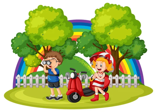 Outdoor Park Mit Glücklichen Kindern Illustration — Stockvektor