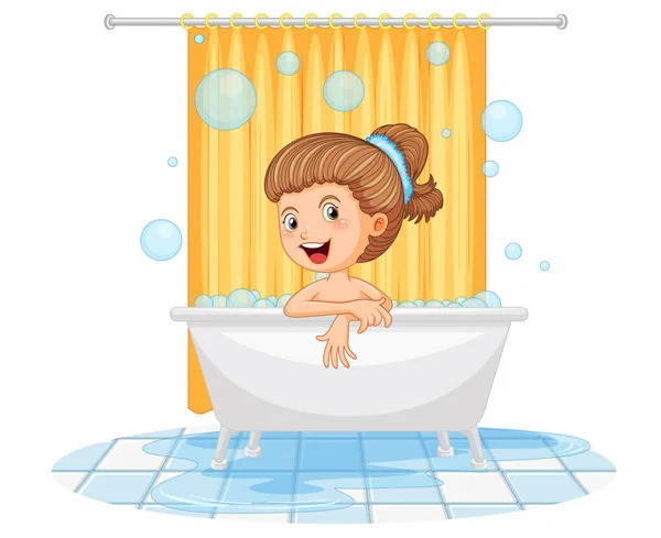 Happy Girl Taking Bath Illustration — Stock vektor