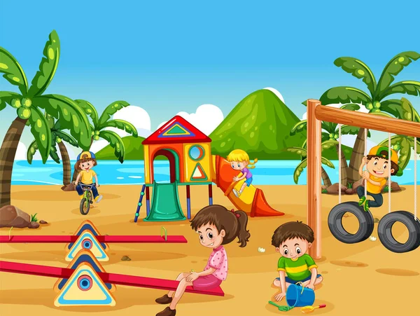 Spiaggia Parco Giochi Con Bambini Felici Illustrazione — Vettoriale Stock