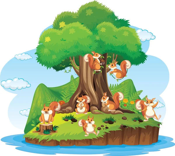 Viele Eichhörnchen Auf Der Insel Illustration — Stockvektor