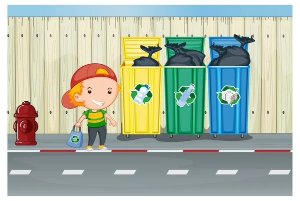Little Boy Standing Recycling Bins Illustration — Stock Vector