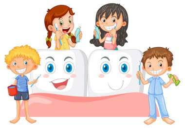 Diş temizleme illüstrasyonunu yapan bir grup çocuk