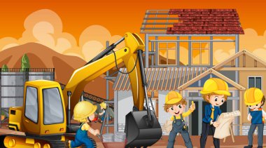 İnşaat şantiyesi ve işçi illüstrasyonu