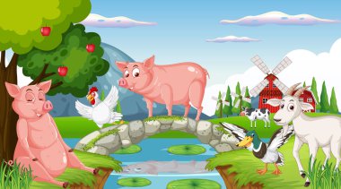 Farm background with happy animals illustration
