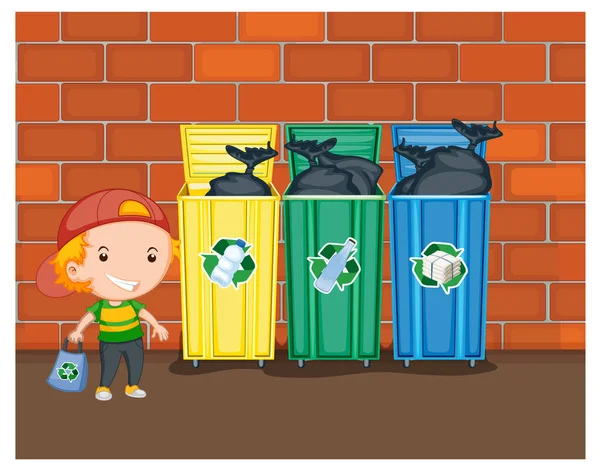 Kleine Jongen Naast Recycling Bakken Illustratie — Stockvector