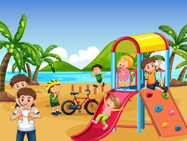 Beach Playground Happy Children Illustration — Stock Vector