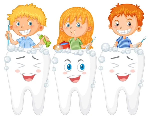 Gruppo Bambini Pulizia Dei Denti Illustrazione — Vettoriale Stock