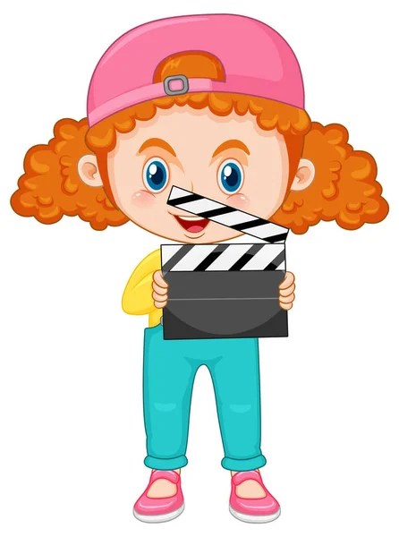 Cute Girl Cartoon Character Curly Pigtail Hair Holding Film Slate — Stock vektor