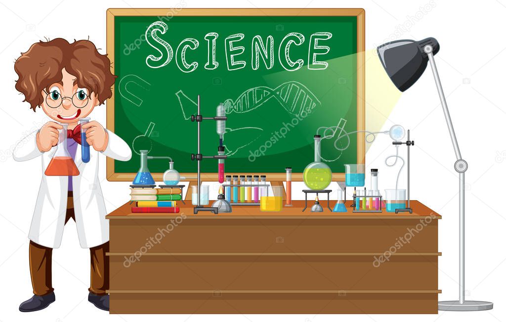 Scientist cartoon character with science lab objects illustration