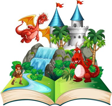 Ejderha ve şövalye resimli bir kitap.