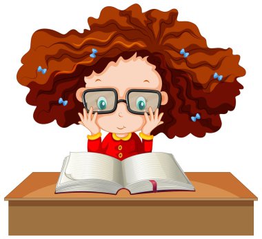 Beyaz arka plan illüstrasyon üzerine bir kitap okuma bir kız