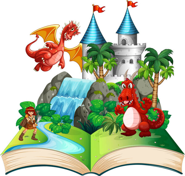 Book with scene of dragon and knight illustration