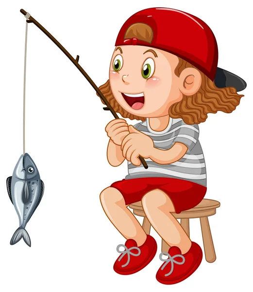 Šťastné Dítě Sedí Židli Rybaření Ilustrace — Stockový vektor