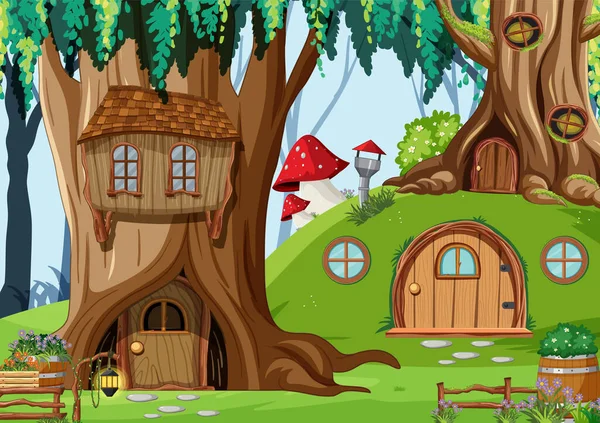Fantasy Les Ilustrací Domu Stromě — Stockový vektor