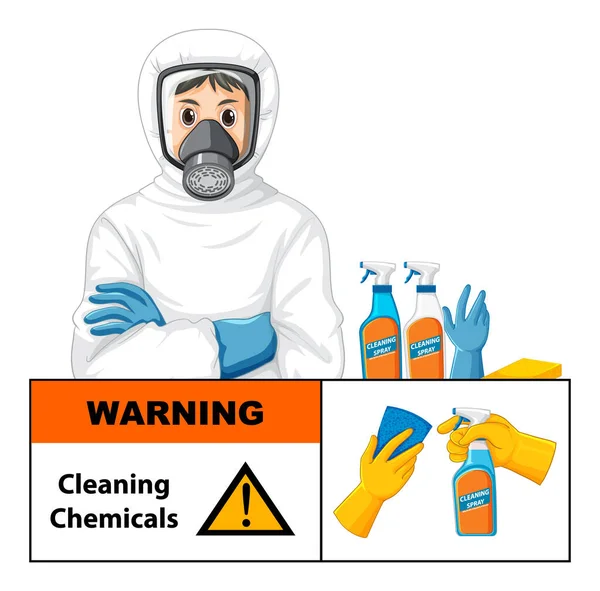 Man Beschermende Hazmat Pak Met Waarschuwing Schoonmaken Chemicaliën Teken Illustratie — Stockvector