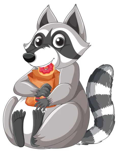 Cute Raccoon Eating Donut Illustration — Stock vektor