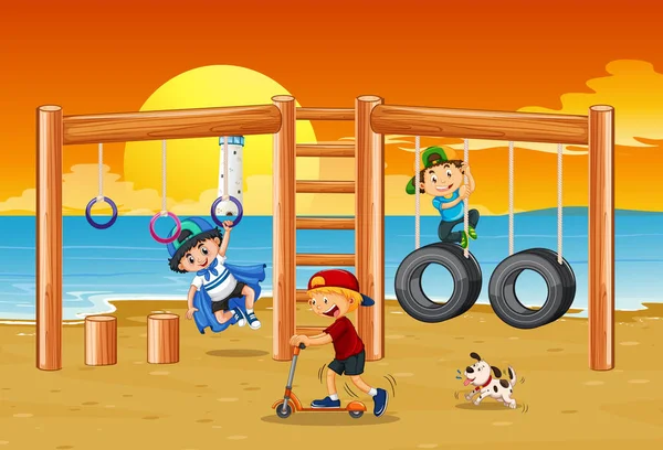Playground Praia Com Crianças Felizes Ilustração — Vetor de Stock