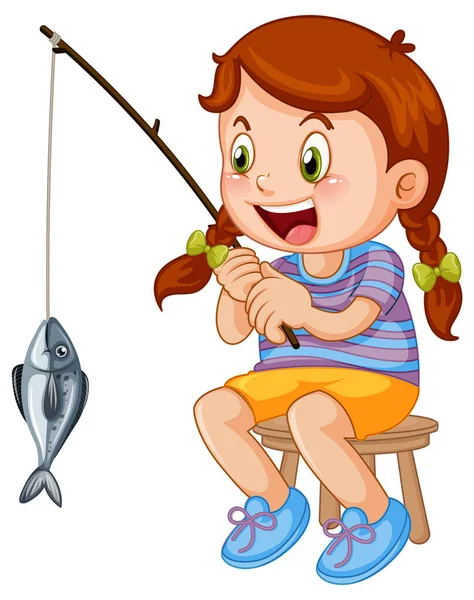 Šťastné Dítě Rybaření Kreslený Charakter Ilustrace — Stockový vektor