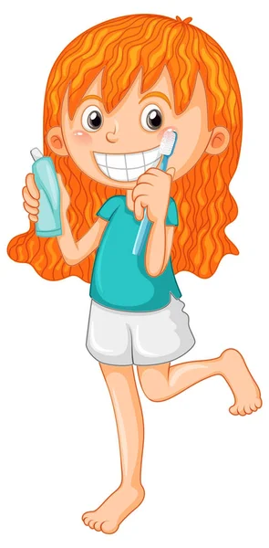 Cute Girl Cartoon Character Brushing Teeth Illustration — Stock Vector