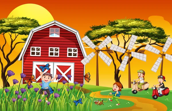 Happy Kids Farm Landscape Illustration — Vetor de Stock