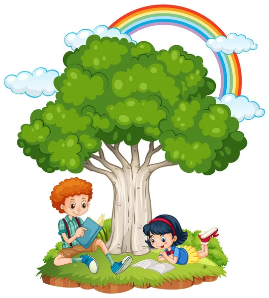 Children Doing Homework Tree Illustration — ストックベクタ