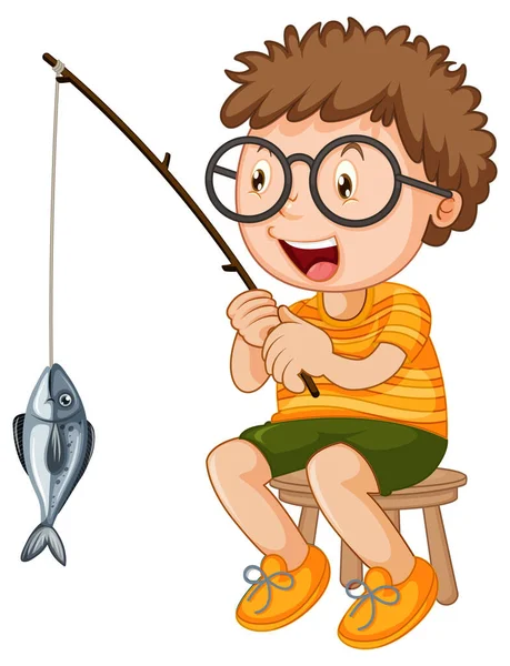 Niño Sentado Una Silla Pesca Ilustración Personaje Dibujos Animados — Vector de stock