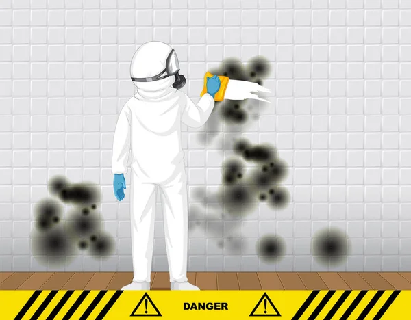 Man Protective Hazmat Suit Cleaning Mold Wall Illustration — Stock Vector