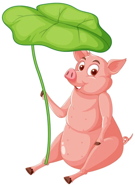 Pig Holding Leaf Its Head Illustration — Stock Vector