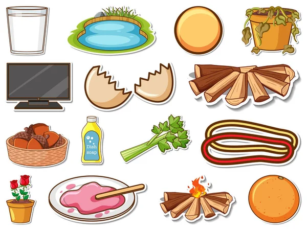 Sticker Set Mixed Daily Objects Illustration — ストックベクタ