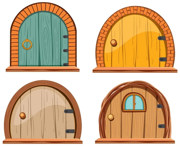 Hobbit Casa Puertas Conjunto Ilustración — Archivo Imágenes Vectoriales