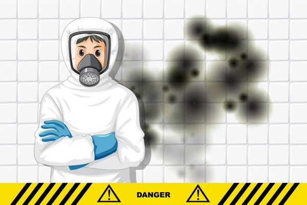 Man Protective Hazmat Suit Mold Wall Illustration — Stock vektor