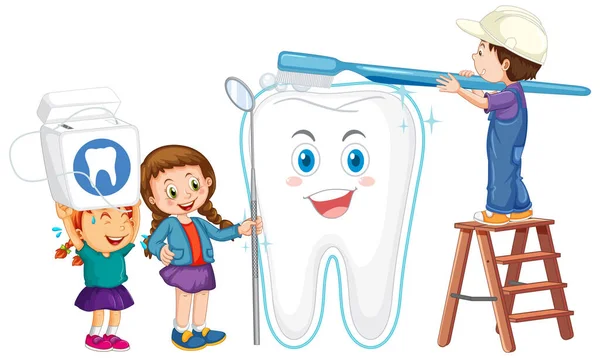 Crianças Felizes Segurando Equipamento Limpeza Dental Com Dentista Fundo Branco —  Vetores de Stock