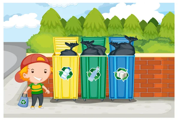 Little Boy Standing Recycling Bins Illustration — Stock vektor