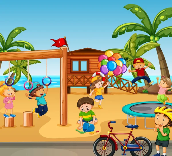 Playground Praia Com Crianças Felizes Ilustração — Vetor de Stock