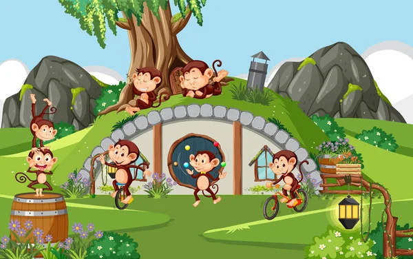 Feliz Familia Monos Bosque Ilustración — Vector de stock