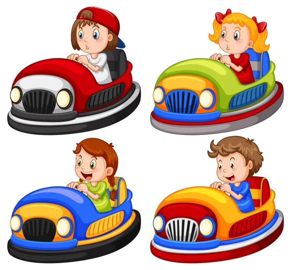 Set Different Kids Driving Bumper Cars Cartoon Style Illustration — Stock Vector