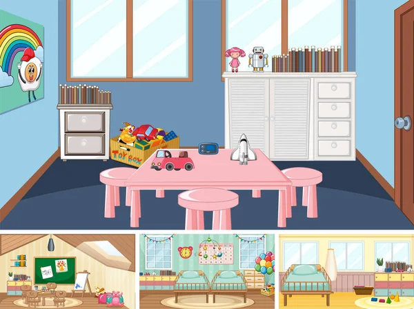 Set Different Kindergarten Classroom Scenes Illustration — vektorikuva