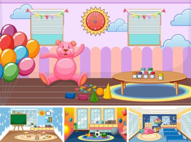 Farklı anaokulu sahneleri çizimleri.