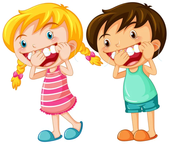 Bonito Crianças Desenho Animado Personagem Fio Dental Dentes Ilustração — Vetor de Stock