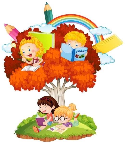 Niños Con Árbol Sobre Fondo Blanco Ilustración — Vector de stock